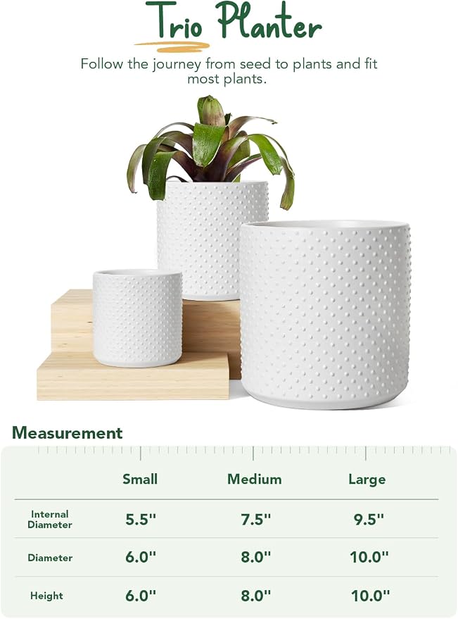 LE TAUCI 10+8+6 Inch Ceramic Pots for Plants, Indoor Planters with Drainage Hole and Plug, Raised Dots Cylinder Flower Pots Set of 3 for Living Room and Bedroom, Matte, White