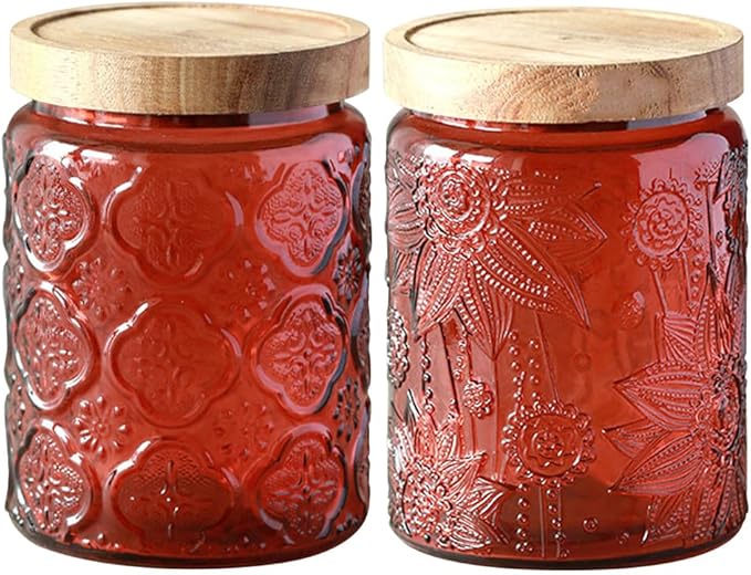 Glass Jar with Lid, Vintage Glass Storage Jars with Airtight Lid Coffee Canister Sugar Container for Kitchen Counter Pantry, Flour, Candy, Tea, Coffee Beans, Oats (Begonia Sunflower Red)