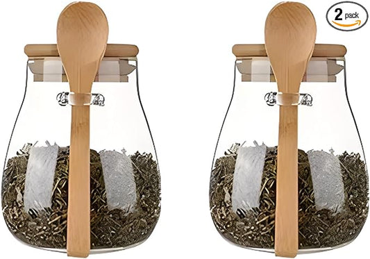 Airtight glass jar storage container with bamboo lid Set of 2, wide mouth, leak-proof, With a spoon, can be used for coffee beans, tea leaves, grains, dried fruits, etc (Small)