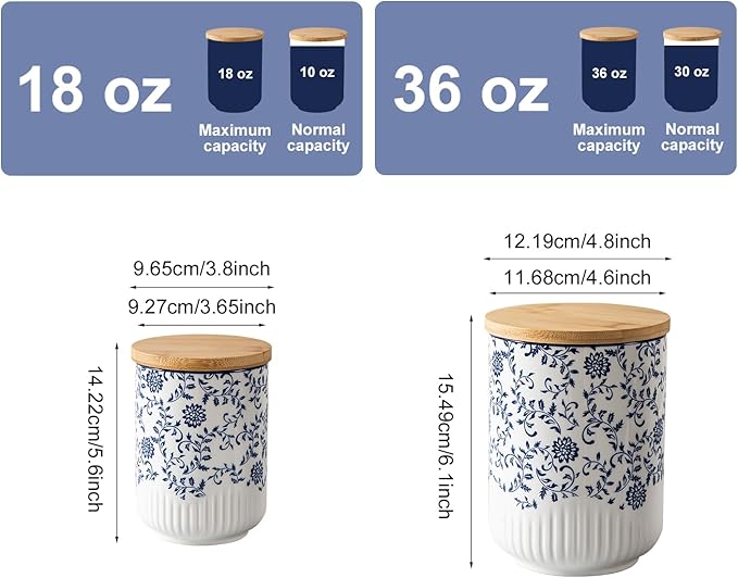 Canisters Sets for the Kitchen - 2 Pcs 36/18 oz Ceramic Kitchen Containers for Countertop with Airtight Wood Lids - Flour and Sugar Containers for Coffee Tea Spice Beans Cookie Jars - Blue