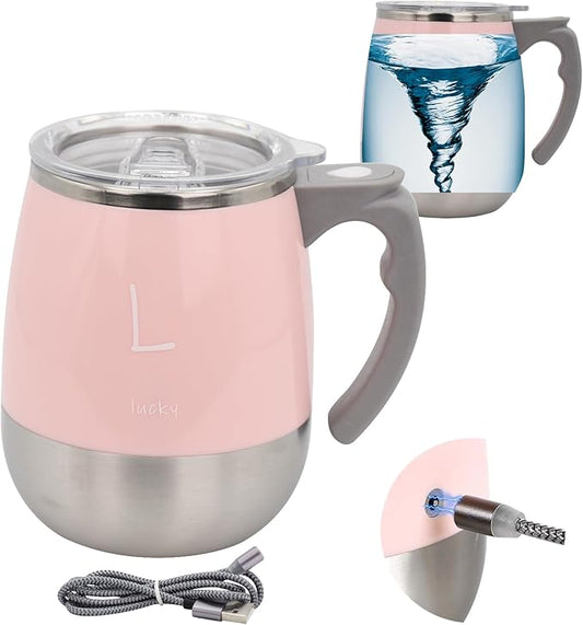 Rechargeable Self Stirring Mug - Magnetic Electric Auto Mixing Stainless Steel Cup for Office/Kitchen/Travel/Home Coffee/Tea/Hot Chocolate/Milk-390 ml/13.2 oz(Pink)