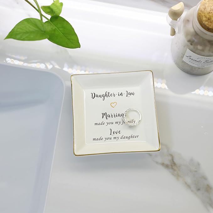 HOME SMILE Mother's Day Wedding Valentine Gifts for Daughter In Law From Mother In Law,Ceramic Ring Dish jewelry Tray,-Marriage Made You My Family,Love Made You My Daughter