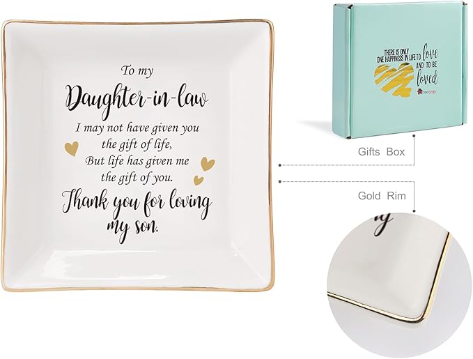 HOME SMILE Mothers Day Gifts for Daughter in Law Ceramic Ring Jewelry Dish Tray Plate for Birthday Christmas Valentines Wedding-Thank You for Loving My Son