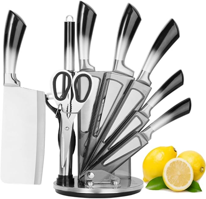 Kitchen Knife Set, 9 Pieces Purple Cleaver Knives Set with Rotatable Block, Non Stick Sharp Stainless Steel Chef Knife Set with Sharpener for Kitchen, Cooking Tools for Chefs Home Cooks (Black)