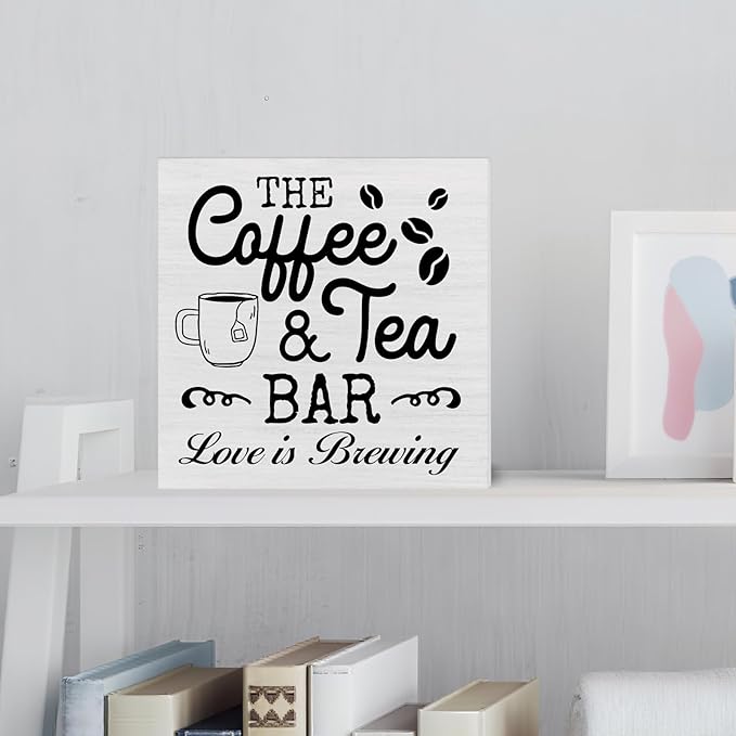 Coffee & Tea Bar Sign Decor, Coffee Tea Station Accessories, Farmhouse Kitchen Wooden Sign Desk Table Decor