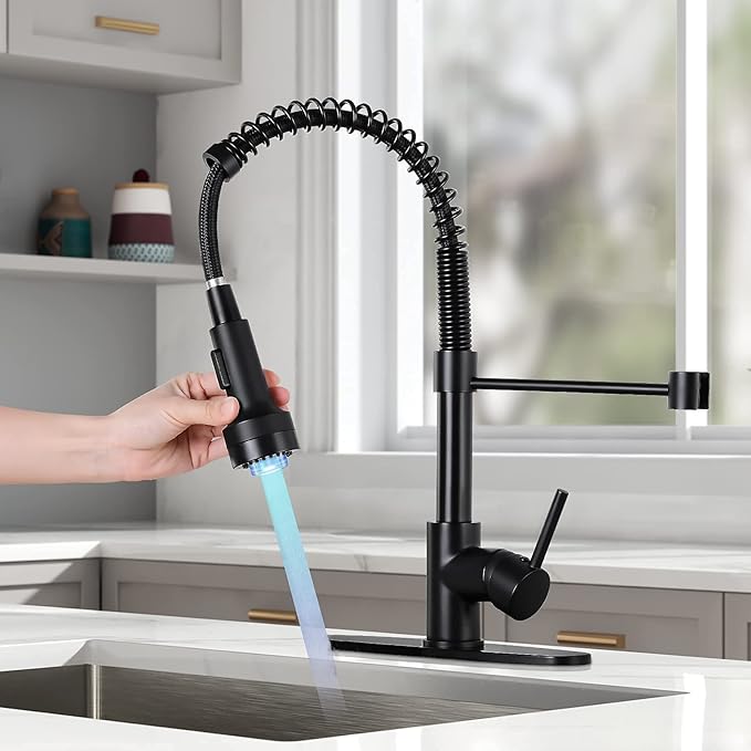 DJS Kitchen Faucets with Pull Down Sprayer LED Light Single Handle 1 or 3 Holes Spring Kitchen Sink Faucet with Deck Plate for Farmhouse RV Vessel Basin