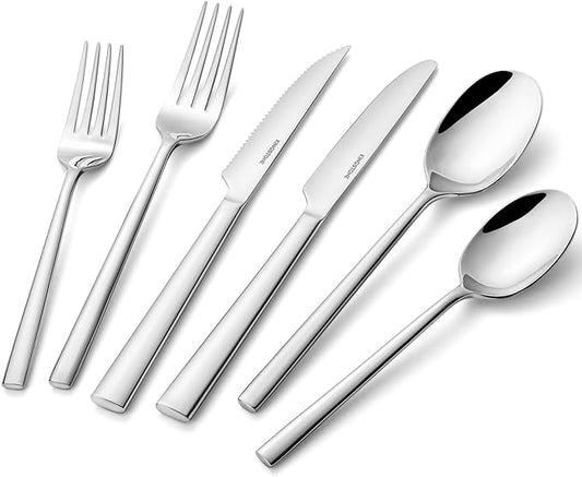 KINGSTONE Silverware Set with Steak Knives, 36-Piece Forged Flatware Set Cutlery Set Premium Stainless Steel, Service for 6, for Kitchen, Home, Wedding, Party, Mirror Polished and Dishwasher Safe