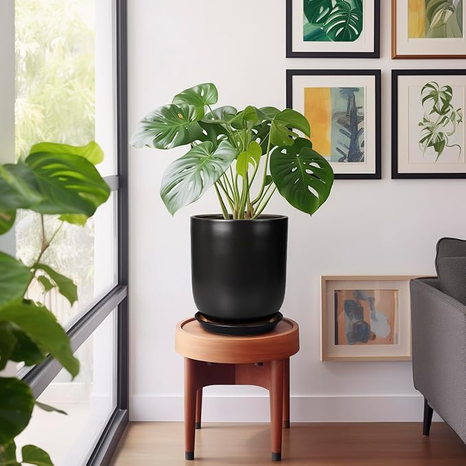 Ceramic Planter 10 Inch - Ceramic Pot for Indoor Plants Outdoor Plant Pot with Drainage Hole and Saucer Cylinder Flower Pot Black