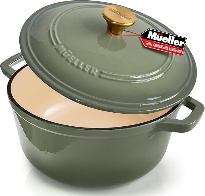 MUELLER HOME 4.5 Quart Enameled Cast Iron Dutch Oven For Sourdough Bread Baking, Heavy-Duty, Oven-Safe up to 500° F & Across All Cooktops, Casserole Dishes, Green Kitchen Accessories, Thyme Green | For Sourdough Bread Baking, Heavy-Duty, Oven-Safe up t...