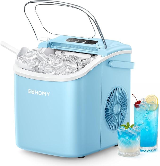 EUHOMY Countertop Ice Maker Machine with Handle, 26lbs Per Day, 9 Ice Cubes Ready in 6 Mins, Auto-Cleaning Portable Ice Maker with Basket and Scoop, for Home/Kitchen/Camping/RV (Blue)