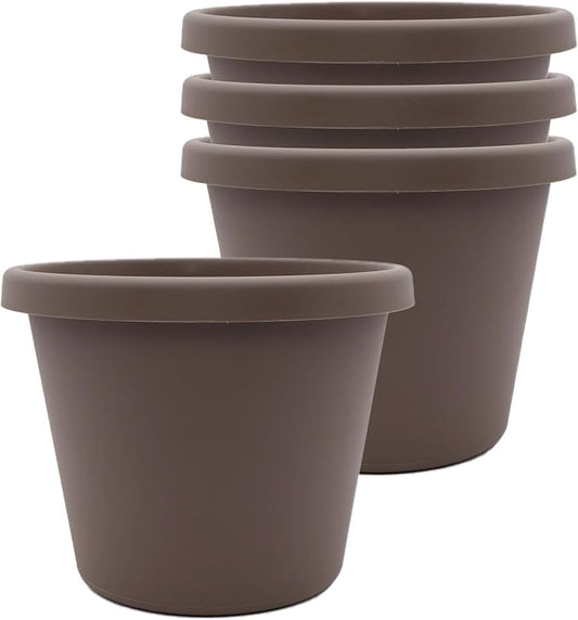 The HC Companies 6 Inch Prima Round Planter Pots with Drainage Holes and Rolled Rim, Lightweight UV-Resistant Plastic Indoor & Outdoor Planters, 4-Pack Flower Pots for Garden & Home Decor, Cappuccino