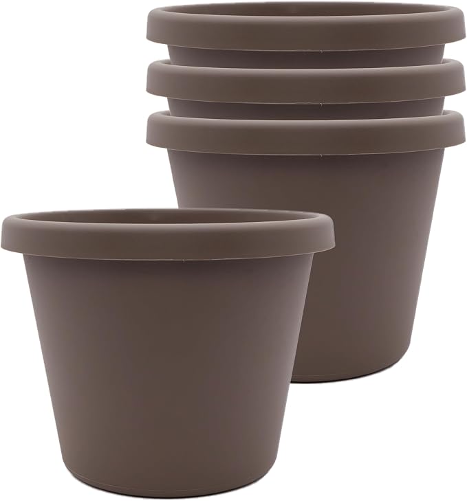 The HC Companies 8 Inch Prima Round Planter Pots with Drainage Holes and Rolled Rim, Lightweight UV-Resistant Plastic Indoor & Outdoor Planters, 4-Pack Flower Pots for Garden & Home Decor, Cappuccino