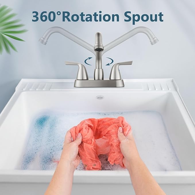 Aolemi Laundry Sink Faucet 4 Inch Centerset, Utility Sink Faucets with Swivel Spout and 3/4" NPT Threaded End, 2-Handle Faucet for Laundry or Utility Room, Brushed Nickel
