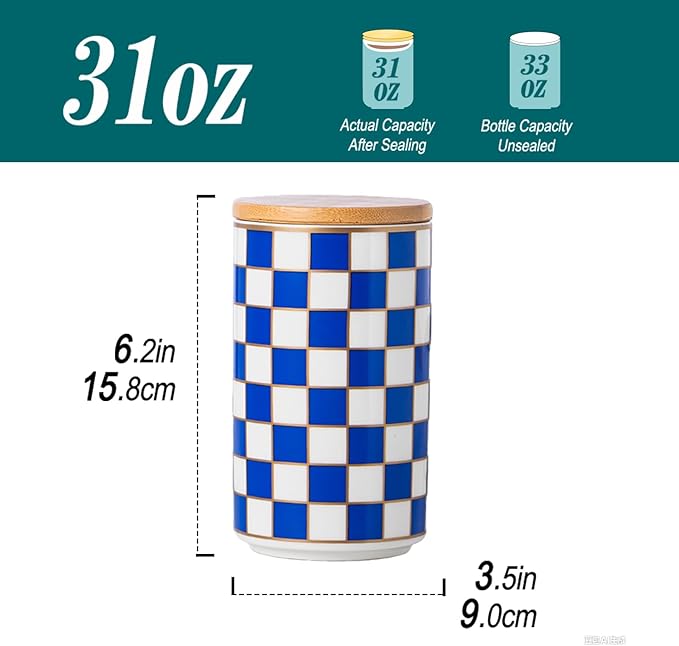 Kitchen Countertop Ceramic Checkered Canisters,Black And White Food Storage Containers With Lid,Airtight Kitchen Canisters for Flour, Sugar, Coffee, Tea, and Dry Goods (Blue, Large)