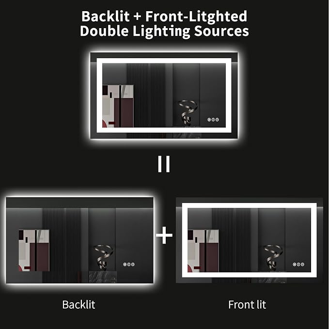 LOAAO 40"X24" LED Bathroom Mirror with Lights, Anti-Fog, Dimmable, Backlit + Front Lit, Lighted Bathroom Vanity Mirror for Wall, Memory Function, Tempered Glass, ETL Listed