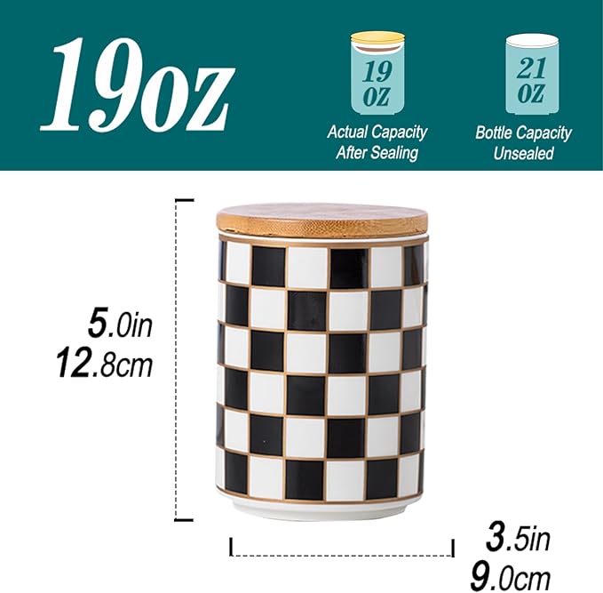Kitchen Countertop Ceramic Checkered Canisters,Black And White Food Storage Containers With Lid,Airtight Kitchen Canisters for Flour, Sugar, Coffee, Tea, and Dry Goods (Black, Small)