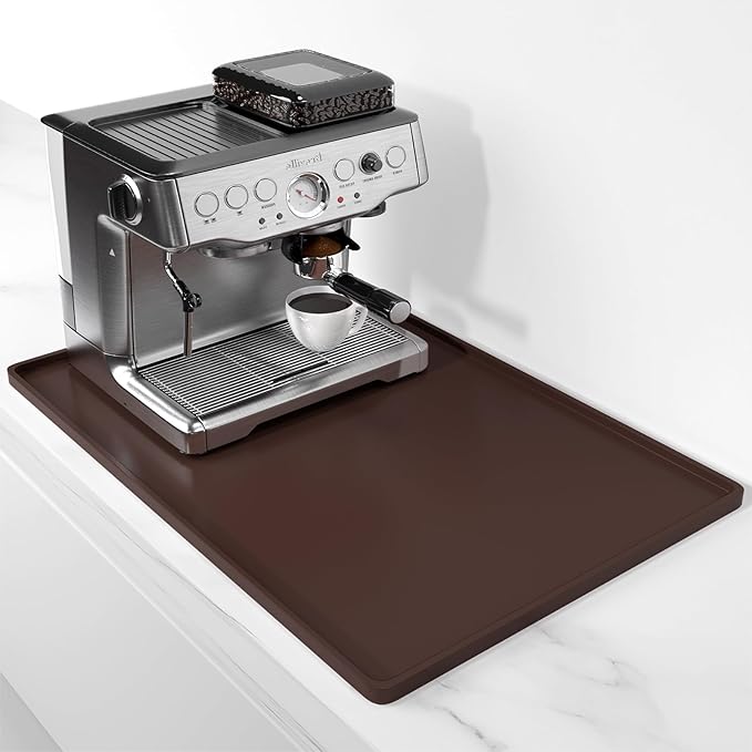 Rnivvi Silicone Coffee Mat, 16" x 24" Waterproof Raised Edge Coffee Bar Mats for Espresso Machine Station Accessories, Heat Resistant Dish Drying Pad for Kitchen Counter, Rubber Bar Decor Pad, Brown
