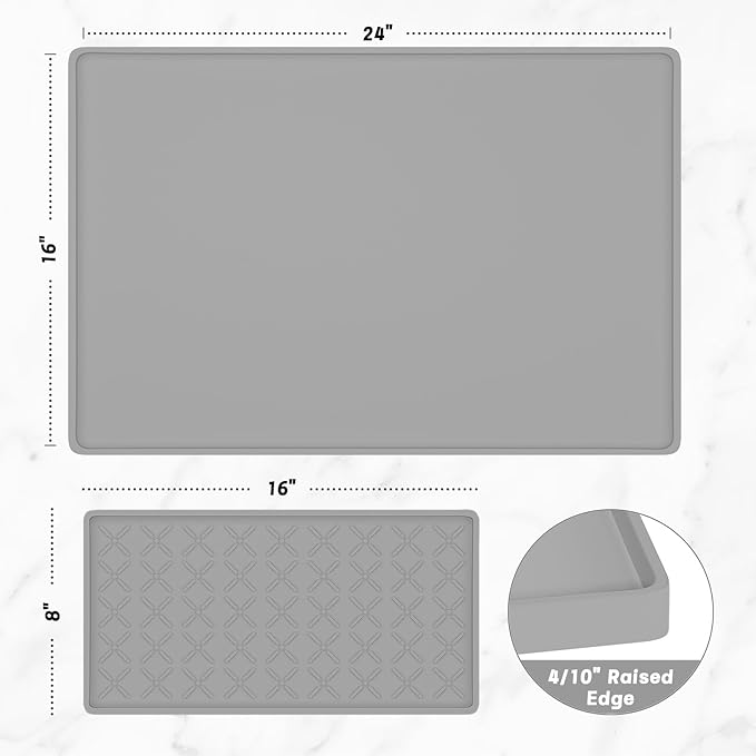 Rnivvi Silicone Coffee Mat, 16" x 24" Waterproof Raised Edge Coffee Bar Mats for Espresso Machine Station Accessories, Heat Resistant Detachable Dish Drying Pad for Kitchen Counter, Dish Rack, Gray