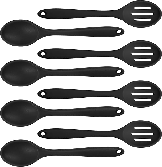 8 Pcs Heat Resistant Non Stick Silicone Serving Spoons Set -Ideal for Cooking, Baking, Mixing, Stirring Includes Slotted & Solid Spoons, Design for Nonstick Cookware (Black)