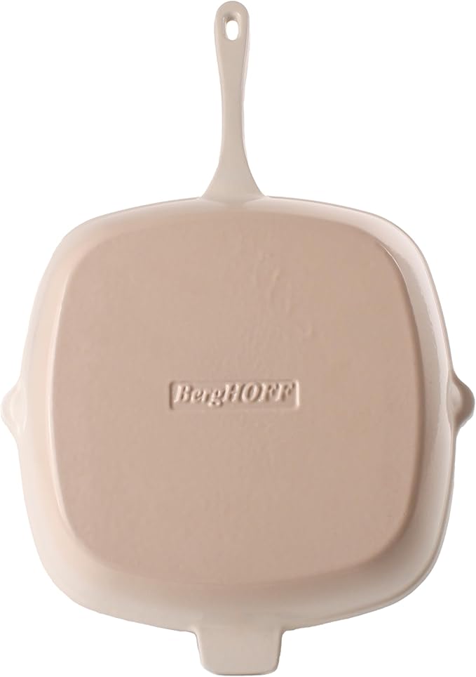 BergHOFF Neo 4Pc Enameled Cast Iron Cookware Set, Grill Pan 11 inches, Fry Pan 10 inches, 3qt. Dutch Oven, Matching Lid, Fast, Evenly Heat, Oven Safe (Meringue)