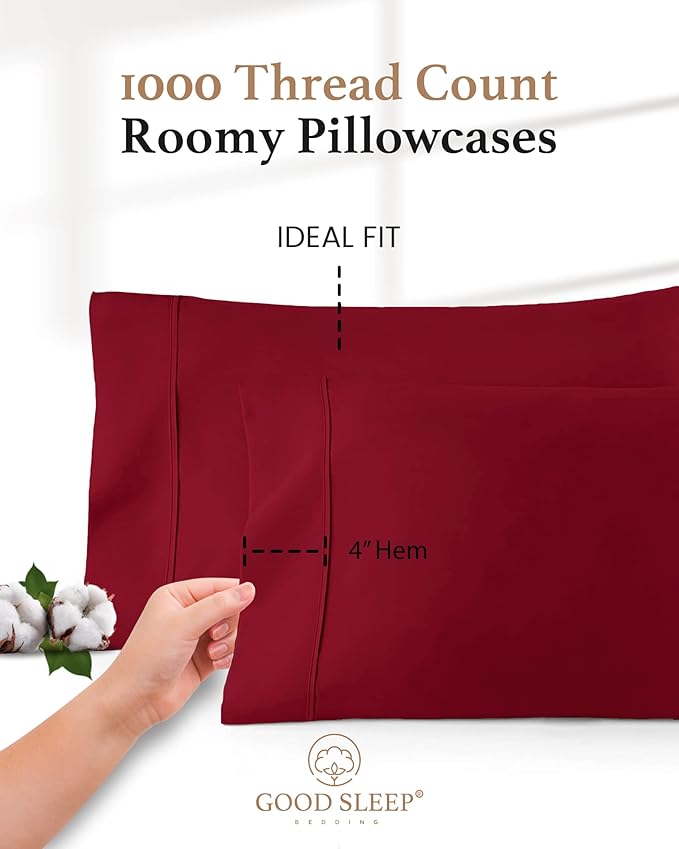 1000 TC Burgundy King Pillowcases Set of 4 100% Egyptian Cotton Pillow Cases with Long Staple Cotton & Sateen Weave, Silky Soft Hotel - Like Bed Pillow Covers for Comfy Sleeping, Snug Fit