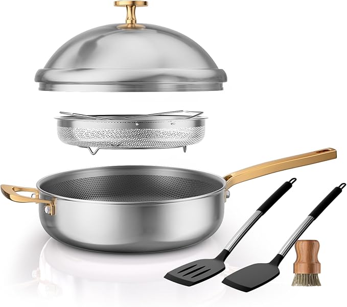 FogDream Titanium Non Stick Frying Pan, 10in Tri-Ply Stainless Steel Deep Saute Pan, All-in-One Cookware Set with Stainless Lid, Stay Cool Handle, Dishwasher & Oven-Safe,Induction Compatible,Gold