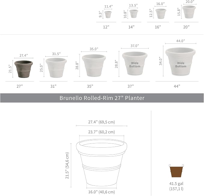 Crescent Garden Brunello Classic Rolled Rim Planter, Indoor/Outdoor Weather-Safe Round Plant Pot, Large Plastic Flowerpot for Flowers, Faux Plants, Trees - 27'' W (Parchment)