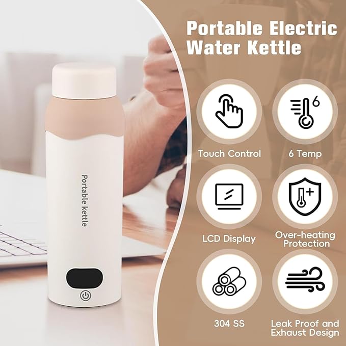 Travel Electric Kettle Small 304 Stainless Steel Portable Kettle with Automatic Shut Off & 6 Temperature Control for Coffee/Tea/Milk, 450mL Mini Hot Water Boiler