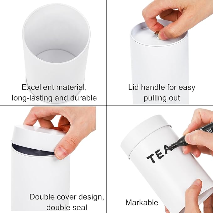 Yesland 12 Pack Tea Tin Canister with Airtight Double Lids, 17 Fluid oz Tea Storage Organizer Tin Can Small Round Kitchen Canisters for Loose Tea, Coffee, Candy, Herbs and Spices - White