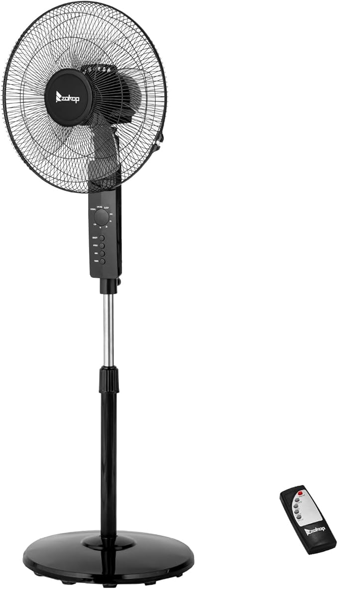 Winado 16 inch Oscillating Pedestal Fan with Remote Control, 3-Speed Stand Fan, High Velocity, Adjustable Height & Tilt, 7.5H Timer, Quiet Standing Fan for Bedroom, Living Room, Office, Black