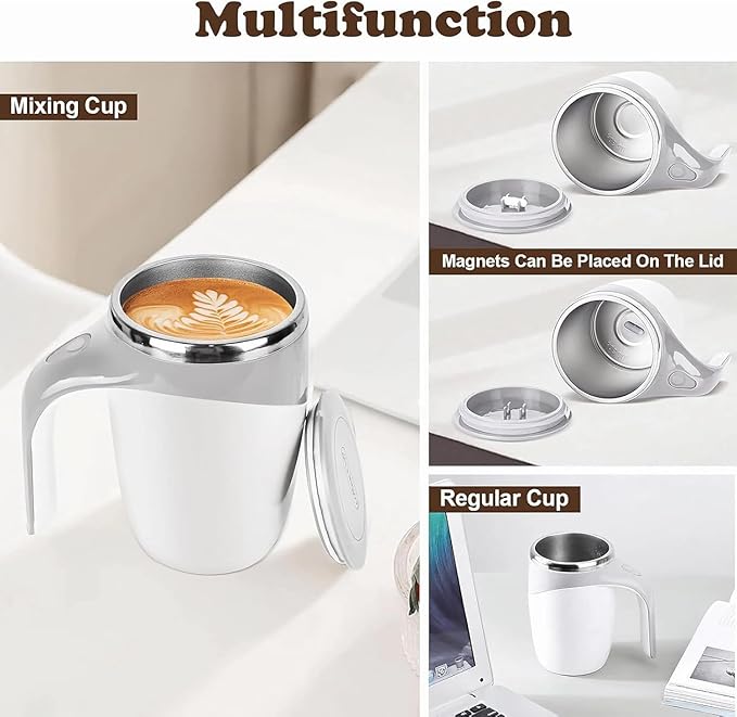 Automatic Magnetic Stirring Coffee Mug 2025 Upgrade Reusable Coffee Mug Rechargeable Electric Self Stirring Coffee Mug Rotatable Metal Coffee Mugs High Speed Mixing Cup for Office Home (White)