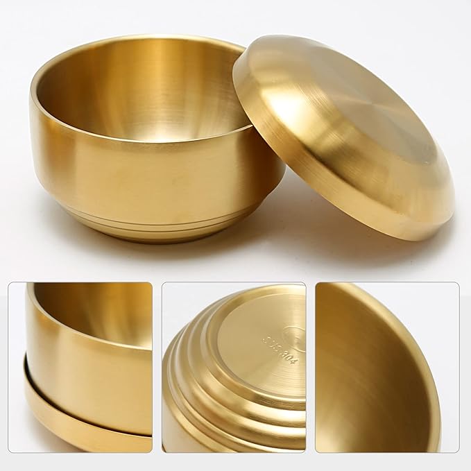 Stainless Steel Rice Bowl with Lid, Set of 2, for Korean Kitchen Restaurant, Double-walled Metal Bowls, Multi-Purpose Insulated Soup Bowls Snacks Bowls (11.5cm Gold)