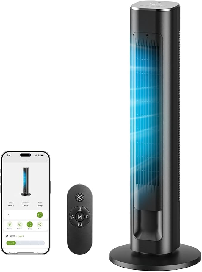 MORENTO Tower Fan for Bedroom, 36" Smart Standing Fan with WiFi APP Voice Control, 4 Modes 4 Speeds, 90° Oscillating, 12H Timer & 25dB Ultra Quiet Safe Bladeless Floor Fan with Remote, Black, 1 Pack
