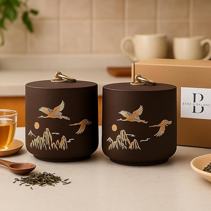 Bare & Balanced Ceramic Canister with Airtight Lid – Premium Kitchen Storage Jar | Crane & Mountain Design | Storage for Dry Goods | Gift-Ready Box