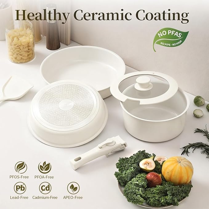 Pots and Pans Sets Non Stick，6PCS Ceramic Cookware Sets Nonstick Detachable Handle，Induction hob Pans(beige)