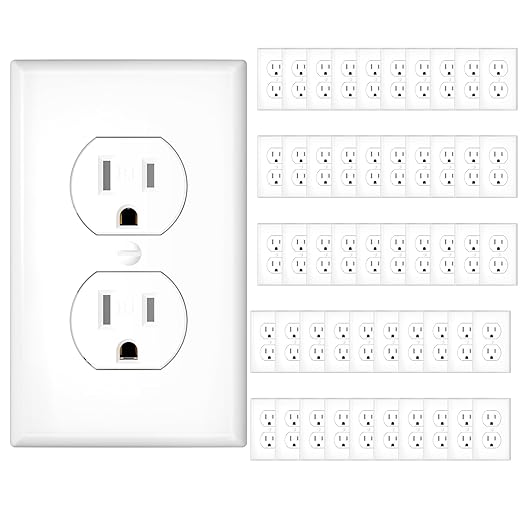 Amico 15 Amp Duplex Outlet, Tamper Resistant Electrical Receptacle, Heavy-Duty 2-Pole 3-Wire NEMA 5-15R with Self-Grounding Clip, UL Listed, White, 50 Pack