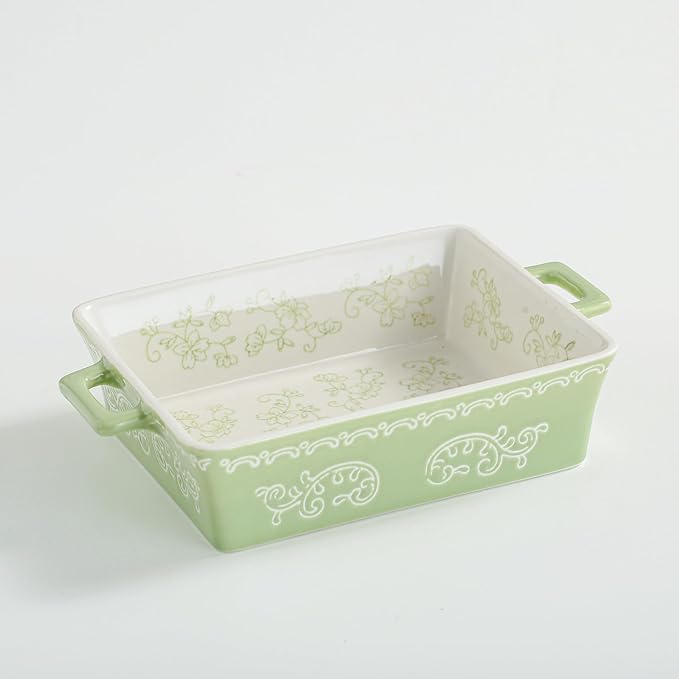 Domini Casserole Dishes for Oven, Ceramic Baking Dishes for Oven Set of 2, Lasagna Pan Deep, Baking Pan Set Square Casserole Dish Set with Handles for Baking, Pattern Green(11.4+8.5inch)