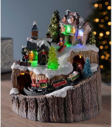 Pre-Lit LED Christmas Village on a Tree Stump with a Rotating Train, 20 cm - Multi-Colour