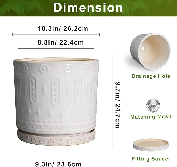 Eightpot Ceramic Planter Pot - 10 Inch Plant Pot for Indoor Outdoor Plants Round Large Flower Pot with Drainage Holes and Saucer for Home Garden Patio Decor White