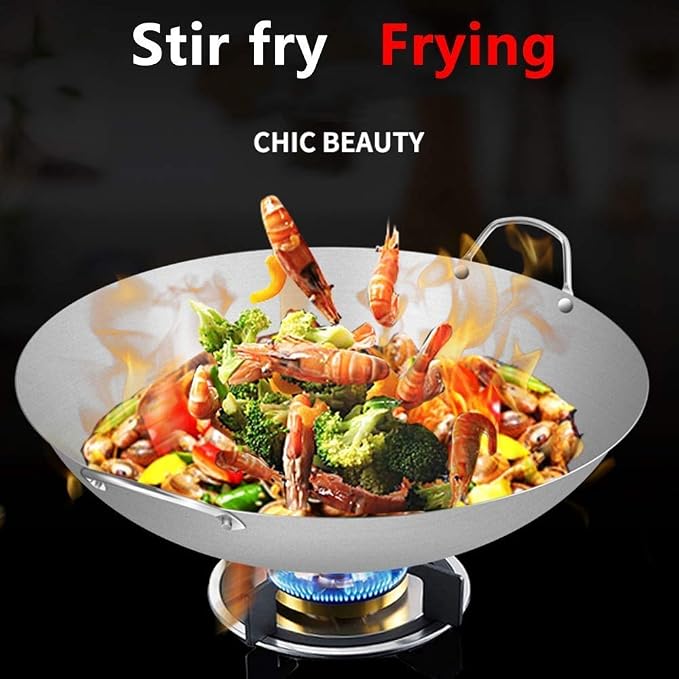 Round Bottom Wok Fry Pan Non Stick Frying Pans Binaural Stainless Steel Wok Thicken Gas Stoves,Old-Fashioned Iron Pot Home Wok Suitable for Restaurants Banquets Frying Pa(
