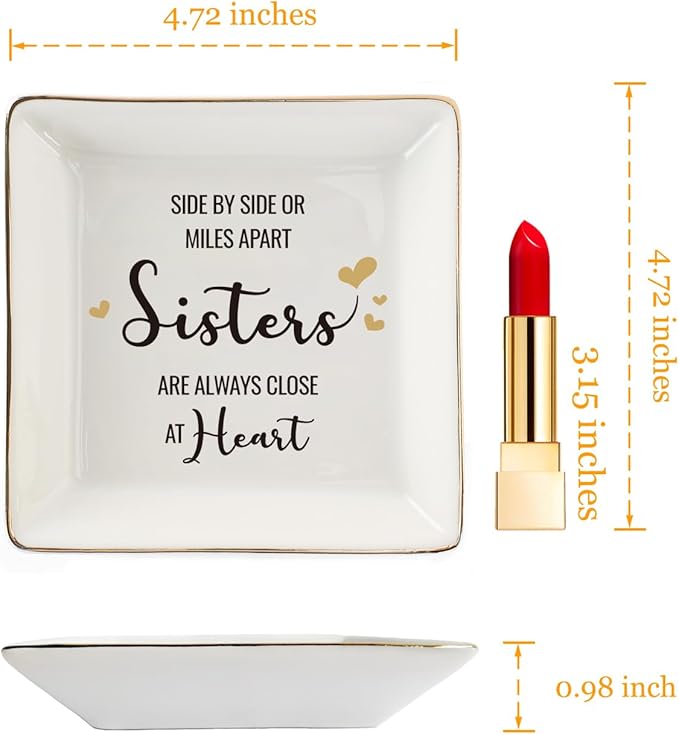 HOME SMILE Sister Gifts From Sister Ring Dish Tray, Valntine's Day Galentines' Gifts For Sister-Sister Will Always Be Connected By Heart Jewelry Dish Birthday Wedding Gifts For Sister