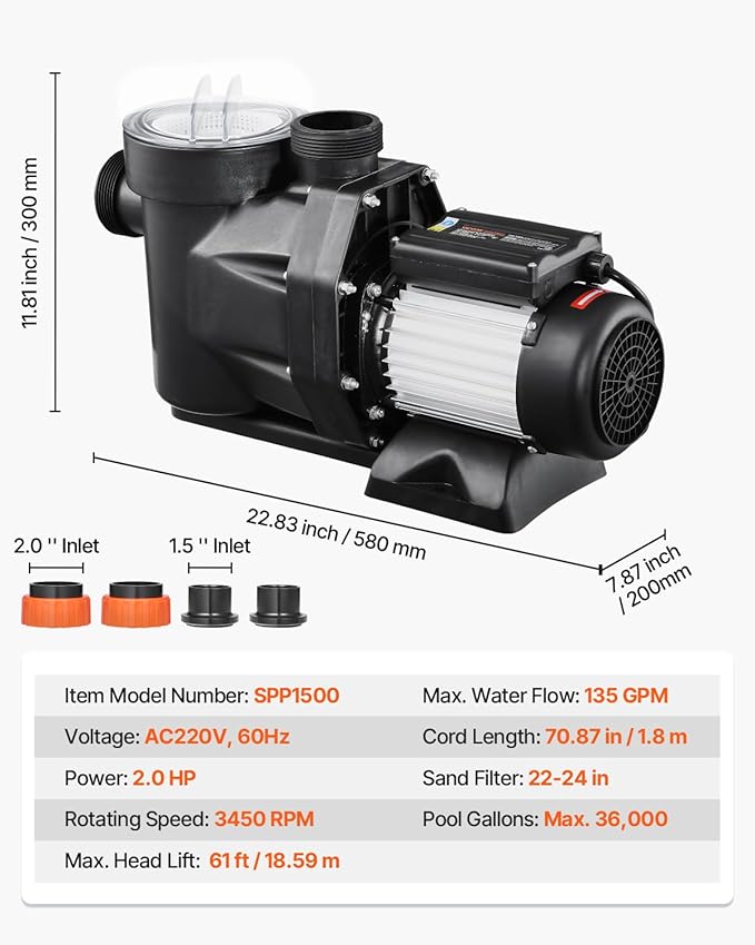 VEVOR 2HP Self-Priming Pool Pump 135 GPM 220V In/Above Ground