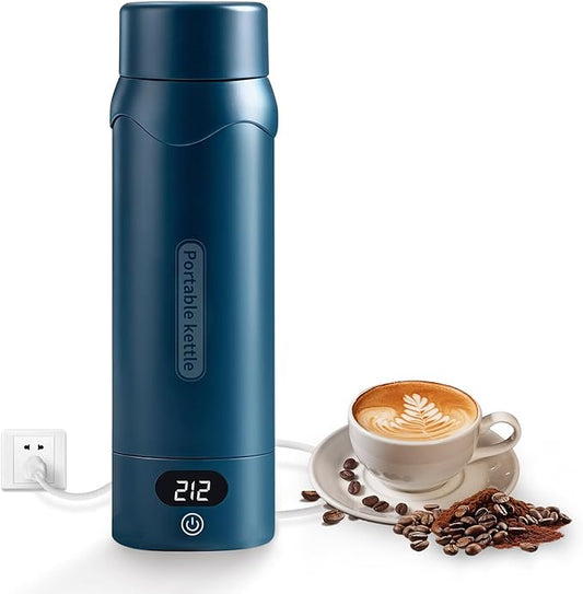 Insulated Stainless Steel Travel Electric Kettle Small, Smart Water Bottle with 4 temperature control, Leak-Proof, Mini Travel Essentials Portable Office Gifts for Tea Lovers, Dark Blue
