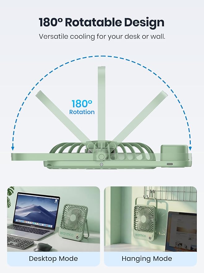 Warmco 10000mAh Portable Travel Fan 7-inch, Max 24H Runtime, Ultra-thin Quiet Rechargeable Battery Operated Desk Fan with Digital Display for Camping, Office, Bedroom, Cruise Essentials