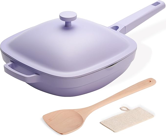 USELUCK 10.5 Inch(3.8QT) Ceramic Pan with Lid,Non Stick Frying Pans Cast Aluminum Deep Sauté Pans,Ti-Ceramic Non Toxic Pix Pan with Wooden Spatula and Scrubber-Dusk Petal