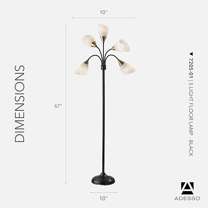 Adesso Floor Lamp with 5 Movable Shades & Adjustable Brightness – Perfect Lighting for Bedroom Decor, Beauty & Art Studio, Black