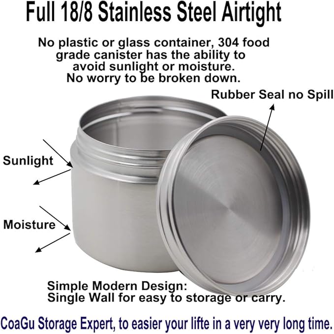 CoaGu 8oz Coffee Canisters: Premium 18/8 Stainless Steel Containers Perfect for Children's Lunches, Tea, Sugar, Coffee Storage, and Candy