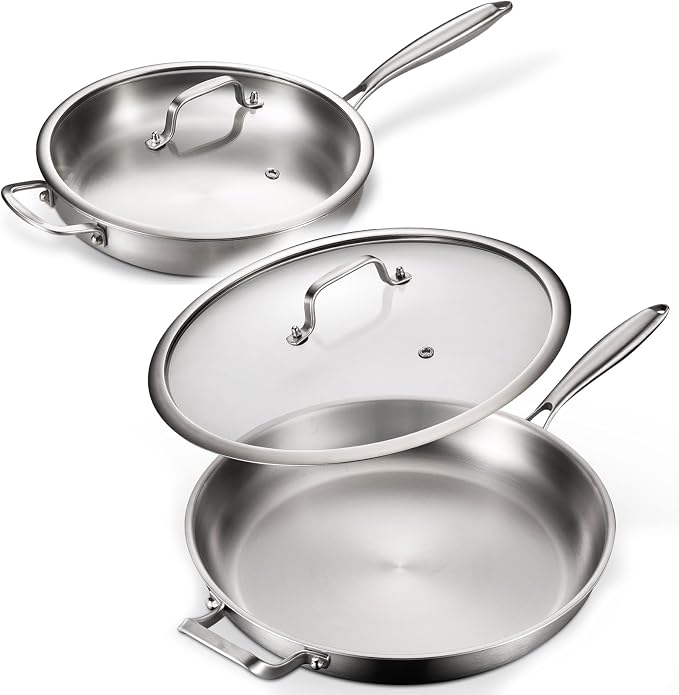 DELARLO Tri-ply Stainless Steel Pan 12 inch & 14 inch Frying Pan with Lid | Heavy Duty, PTFE & PFOA Free, Compatible with Induction, Electric up to 600℉, Fast & Even Heating, Oven Safe Skillet