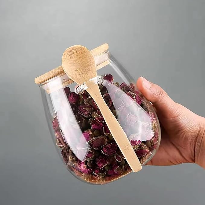 Airtight glass jar storage container with bamboo lid Set of 4, wide mouth, leak-proof, With a spoon, can be used for coffee beans, tea leaves, grains, dried fruits, etc (Middle*4pcs)