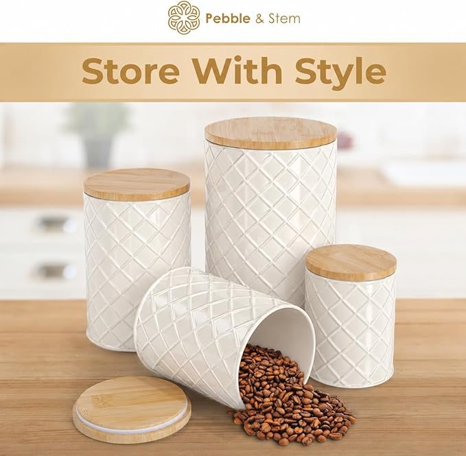 Pebble & Stem® Cream Metal Canister Set for the Kitchen Counter, Food Canister Set of 4, Airtight Lids, Sugar and Flour Containers for Countertops, Coffee and Tea Storage, Farmhouse Decor